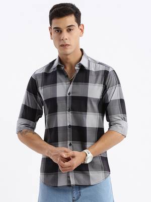 men's long sleeves tartan checks slim fit grey shirt 2