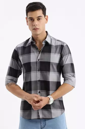 men's long sleeves tartan checks slim fit grey shirt
