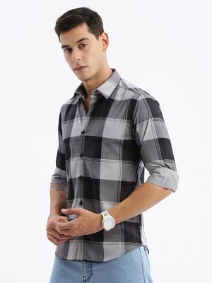 men's long sleeves tartan checks slim fit grey shirt 3