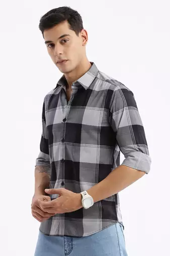 men's long sleeves tartan checks slim fit grey shirt