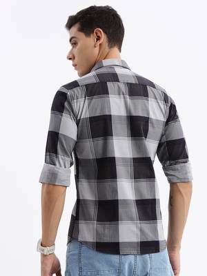 men's long sleeves tartan checks slim fit grey shirt 4