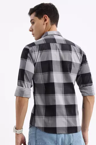 men's long sleeves tartan checks slim fit grey shirt