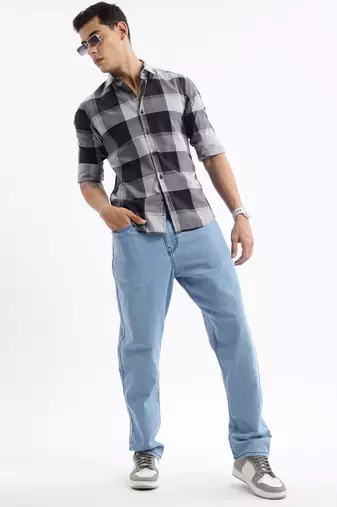 men's long sleeves tartan checks slim fit grey shirt