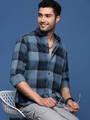 men's checked slim fit navy blue shirt 1
