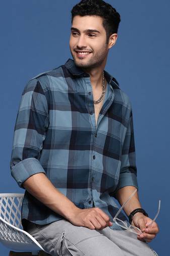 men's checked slim fit navy blue shirt