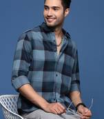 men's checked slim fit navy blue shirt