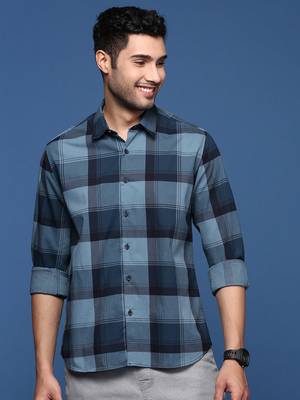 men's checked slim fit navy blue shirt 2