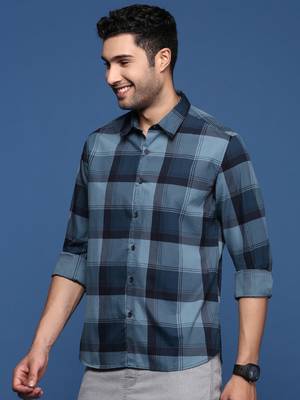 men's checked slim fit navy blue shirt 3