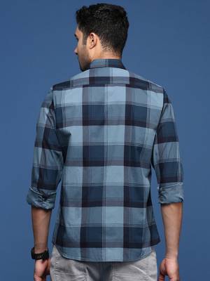 men's checked slim fit navy blue shirt 4
