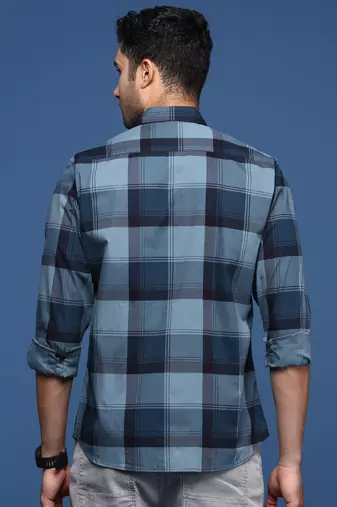 men's checked slim fit navy blue shirt