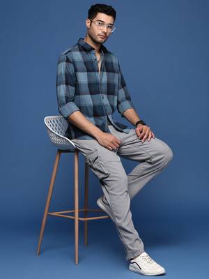 men's checked slim fit navy blue shirt 5