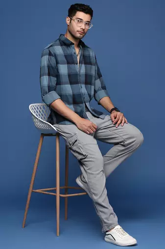 men's checked slim fit navy blue shirt