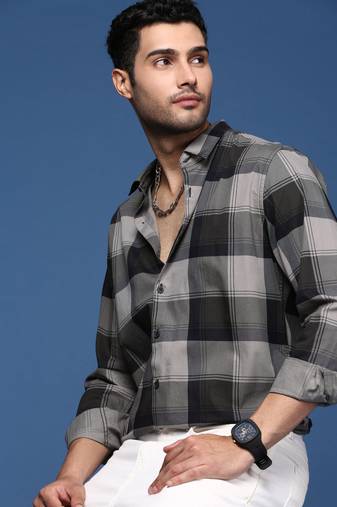 men's checked slim fit grey shirt