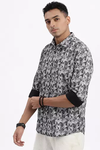 men's grey ethnic motifs slim fit shirt