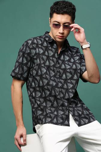 men's black geometric slim fit shirt