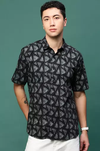 men's black geometric slim fit shirt