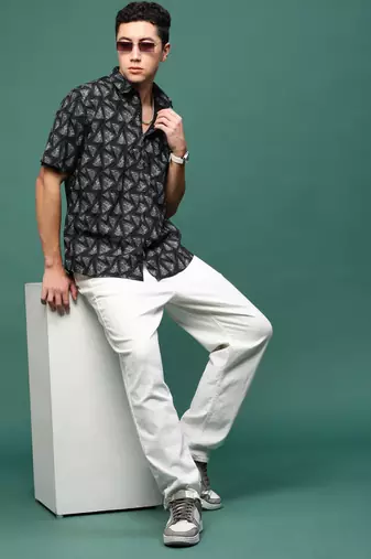 men's black geometric slim fit shirt