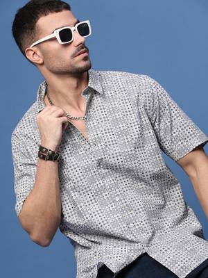 men's grey ethnic motifs slim fit shirt 1