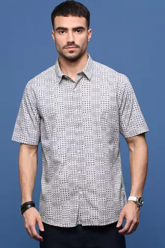 men's grey ethnic motifs slim fit shirt