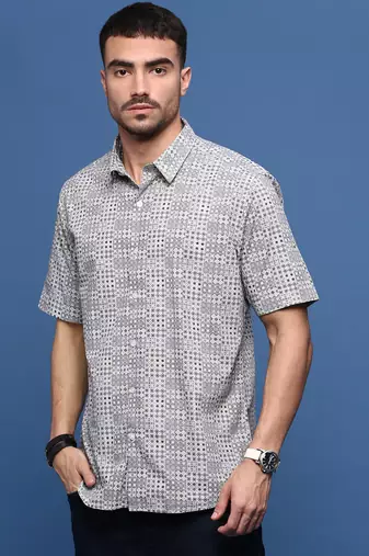 men's grey ethnic motifs slim fit shirt