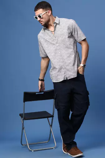 men's grey ethnic motifs slim fit shirt