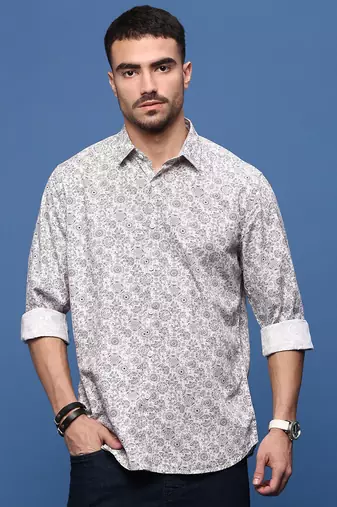 men's white ethnic motifs slim fit shirt