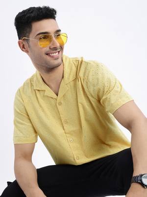 men's yellow solid cuban collar relaxed fit shirt 1
