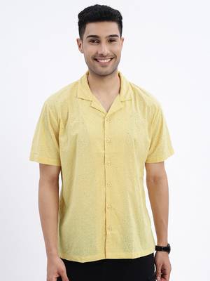 men's yellow solid cuban collar relaxed fit shirt 2