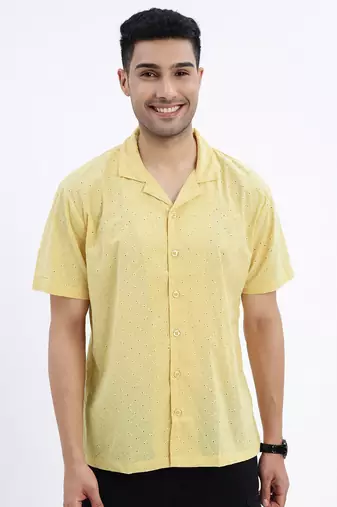 men's yellow solid cuban collar relaxed fit shirt