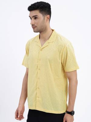 men's yellow solid cuban collar relaxed fit shirt 3