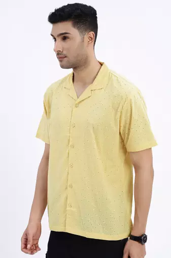 men's yellow solid cuban collar relaxed fit shirt