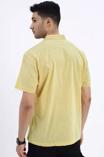 men's yellow solid cuban collar relaxed fit shirt