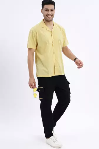 men's yellow solid cuban collar relaxed fit shirt
