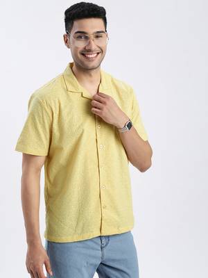 men's yellow solid cuban collar relaxed fit shirt 1