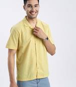 men's yellow solid cuban collar relaxed fit shirt