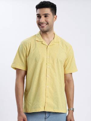 men's yellow solid cuban collar relaxed fit shirt 2