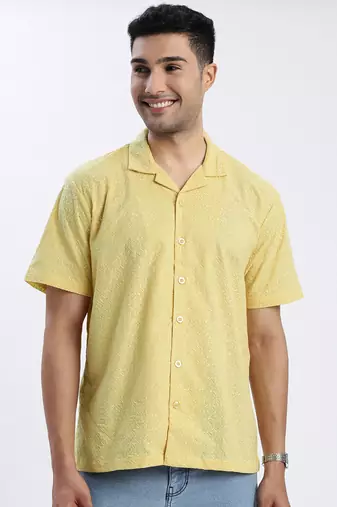 men's yellow solid cuban collar relaxed fit shirt