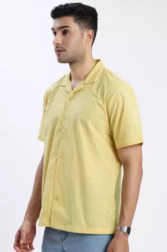 men's yellow solid cuban collar relaxed fit shirt