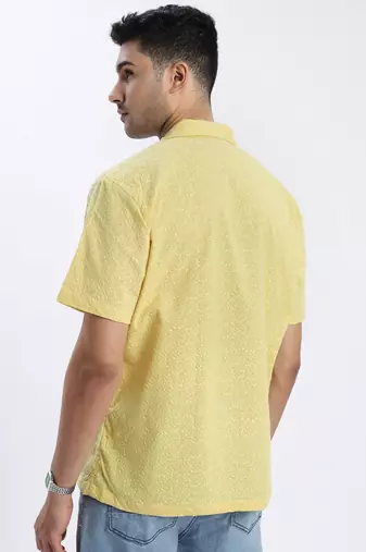 men's yellow solid cuban collar relaxed fit shirt