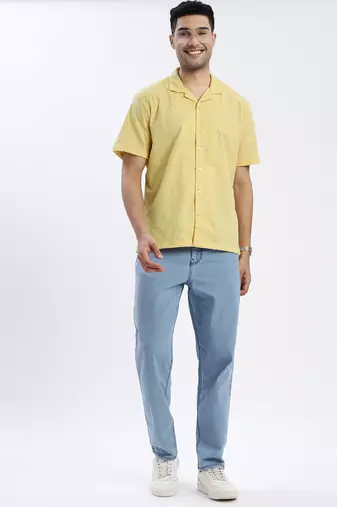 men's yellow solid cuban collar relaxed fit shirt
