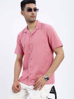 men's pink solid cuban collar relaxed fit shirt 1