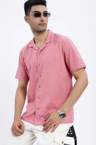 men's pink solid cuban collar relaxed fit shirt