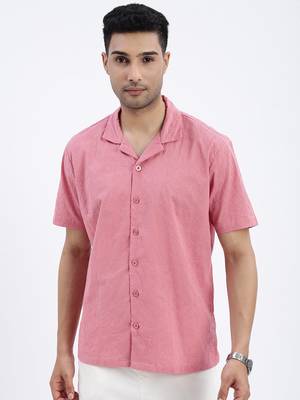 men's pink solid cuban collar relaxed fit shirt 2