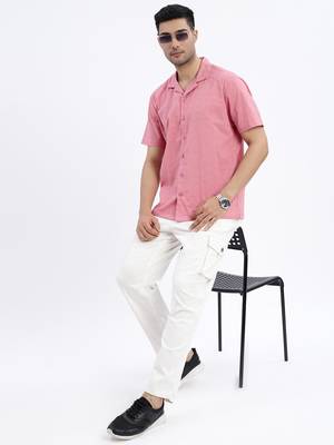 men's pink solid cuban collar relaxed fit shirt 5