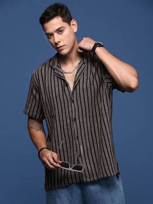 men's cuban collar striped brown relaxed fit shirt 1