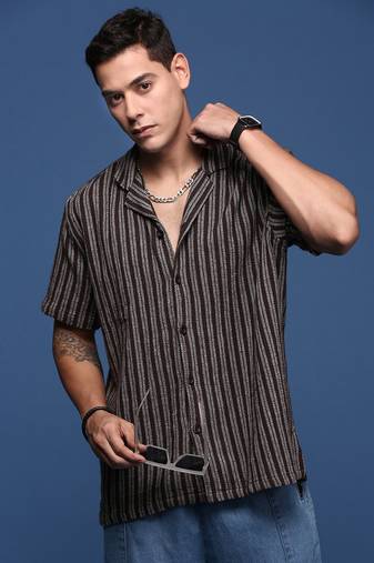 men's cuban collar striped brown relaxed fit shirt