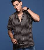 men's cuban collar striped brown relaxed fit shirt