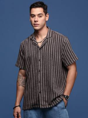men's cuban collar striped brown relaxed fit shirt 2