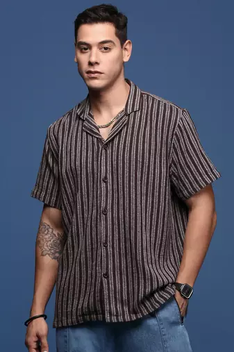 men's cuban collar striped brown relaxed fit shirt
