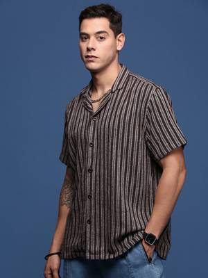 men's cuban collar striped brown relaxed fit shirt 3